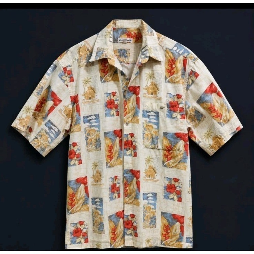 Pierre Cardin Mens M Cotton Tropical Hibiscus Postcard Print Camp Shirt‎ Tan